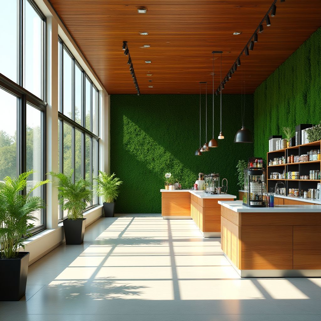 Interior de una estación con áreas verdes.