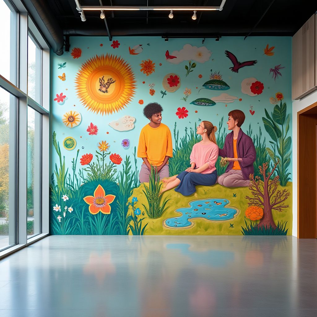 Un mural que representa los valores de la empresa: sostenibilidad, innovación y comunidad.
