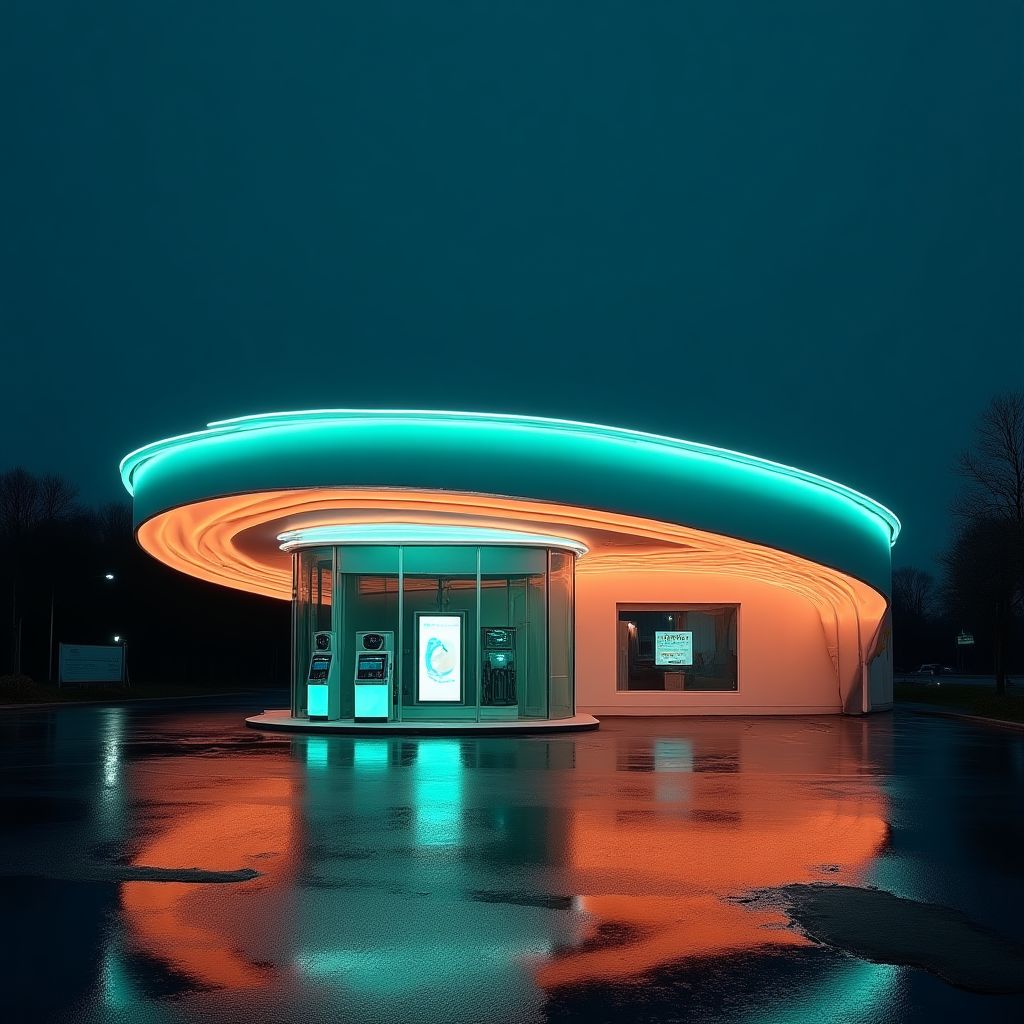 Estación de servicio iluminada por la noche.