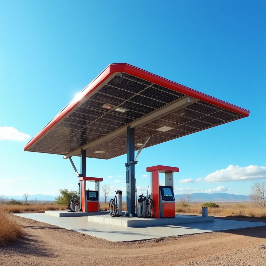 Estación de servicio con paneles solares en el techo.